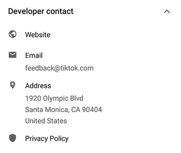 Tik Tok app Google Play Store listing: Developer contact section