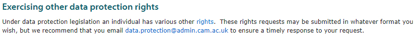 University of Cambridge: Exercising other data protection rights clause
