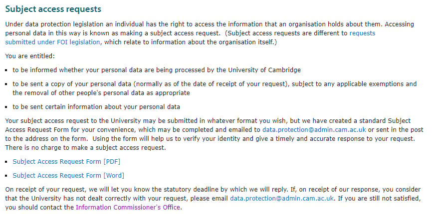University of Cambridge: Subject access requests clause