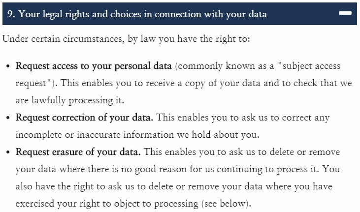 University of Oxford Privacy Policy: Excerpt of GDPR legal rights clause