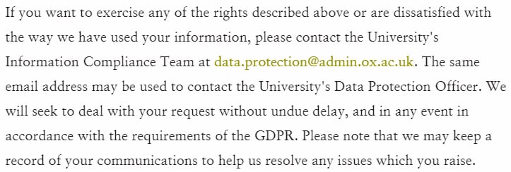 University of Oxford Privacy Policy: Excerpt of how to exercise GDPR legal rights clause