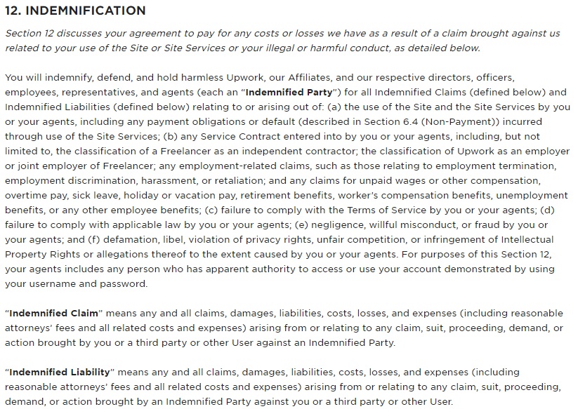 Upwork User Agreement: Indemnification clause