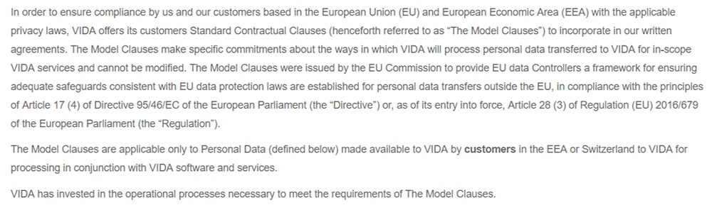 VIDA EU Privacy Policy: Model Clauses clause