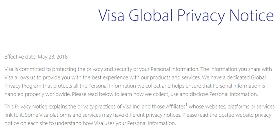 Visa Global Privacy Policy: Introduction section with effective date