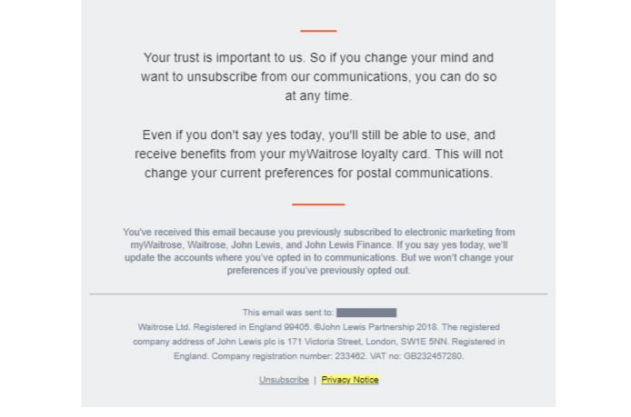 Waitrose email footer with Privacy Policy link highlighted