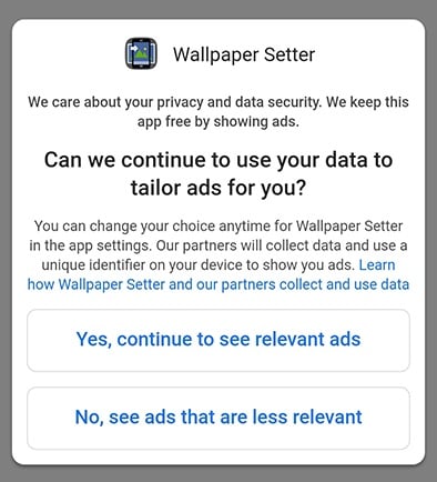 Wallpaper Setter Android app: Google consent SDK for permission for tailored ads