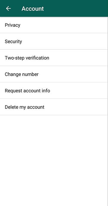 WhatsApp app account menu with Request account info and Delete my account