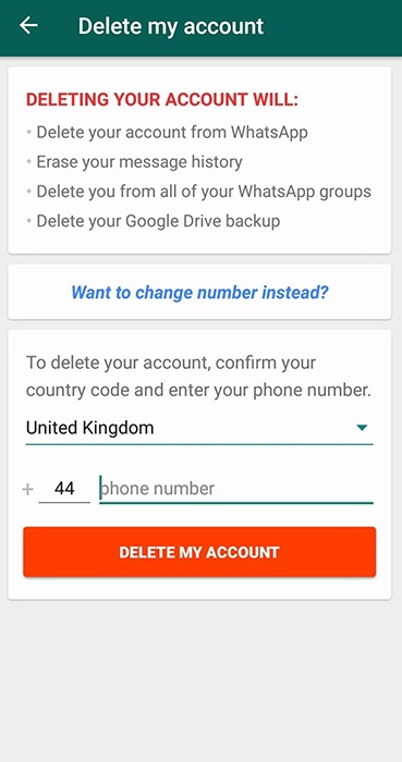 WhatsApp app Delete my Account screen