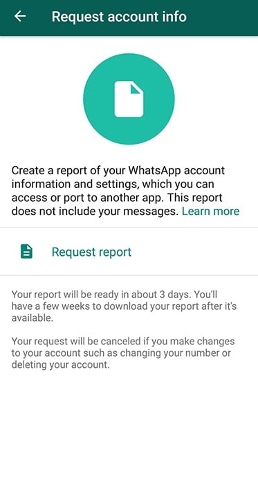 WhatsApp app Request account info screen