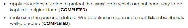 Woodpecker GDPR Compliance Statement: What is Woodpecker doing to comply - Pseudonymization and protecting personal data sections