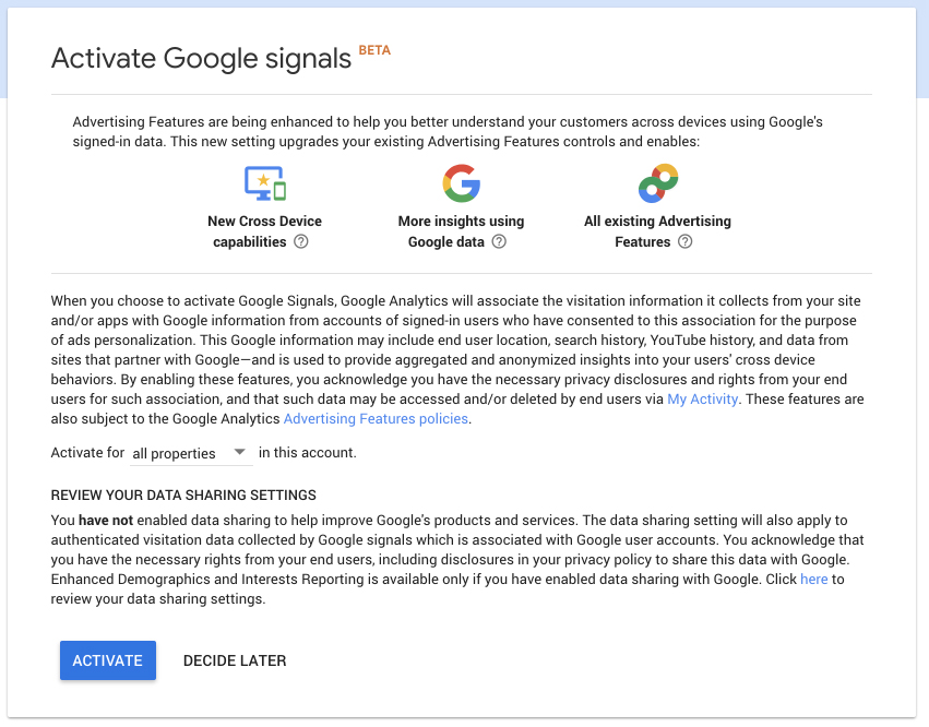 Activation and confirmation screen for activating Google Signals and sharing data