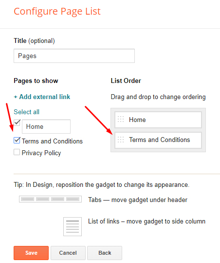 Blogger Configure Pages list with Terms and Conditions page highlighted