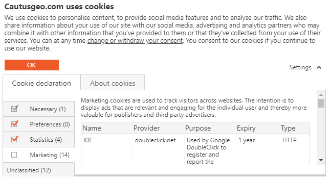 Cactus Geo cookie notice with consent and management options