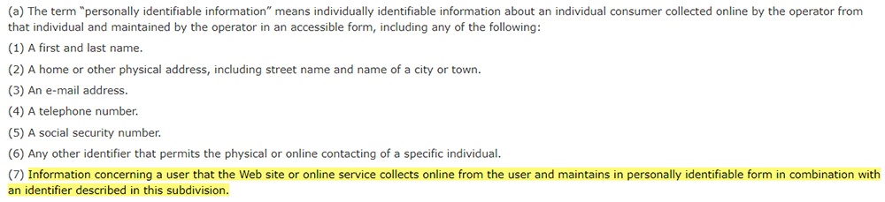 CalOPPA text Section 22577: Definition of Personally Identifiable Information highlighted