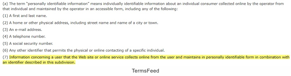 CalOPPA text Section 22577: Definition of Personally Identifiable Information highlighted