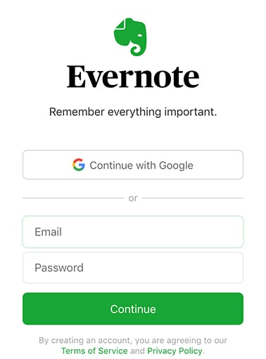 Evernote Create account form