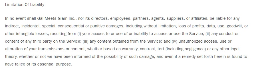 Gal Meets Glam Terms and Conditions: Limitation of Liability clause