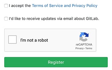 GitLab register form with clickwrap checkboxes to accept the Terms of Service and Privacy Policy