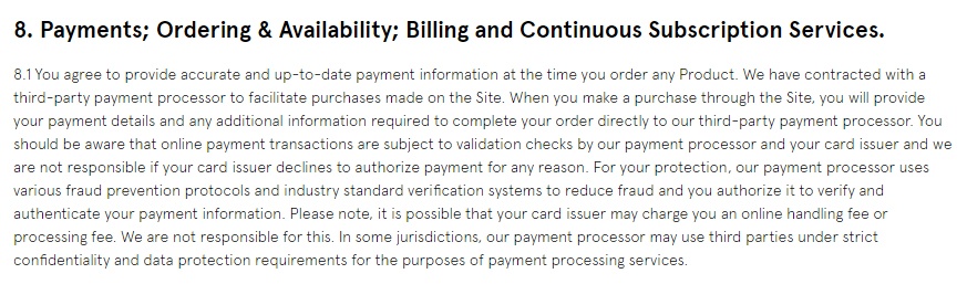 Glossier Terms of Use: Payments, ordering, billing and subscription services clause excerpt