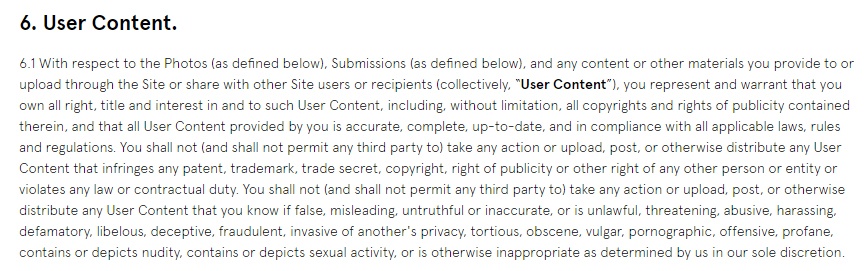 Glossier Terms of Use: User Content clause excerpt