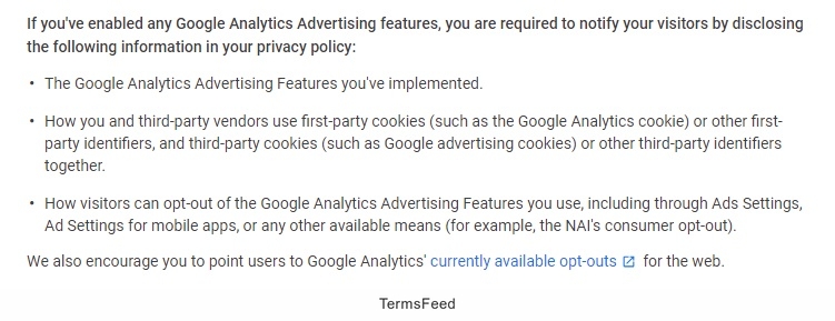 Policy Requirements for Google Analytics Advertising Features: Privacy Policy requirement sectionPolicy Requirements for Google Analytics Advertising Features: Privacy Policy requirement section