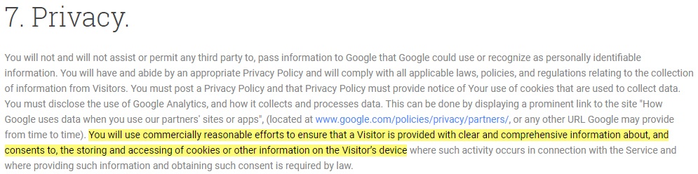 Google Analytics Terms of Service: Privacy section with cookies section highlighted