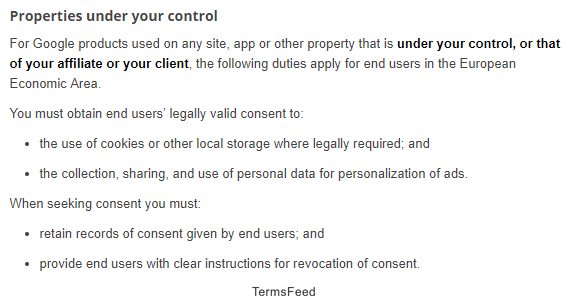 Google EU User Consent Policy: Properties under your control section