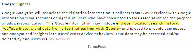 Green Wedding Shoes Privacy Policy: Google Signals clause highlighted