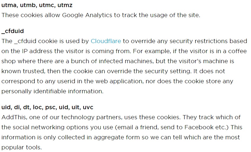 GSMA legal: Cookies types and descriptions clauses