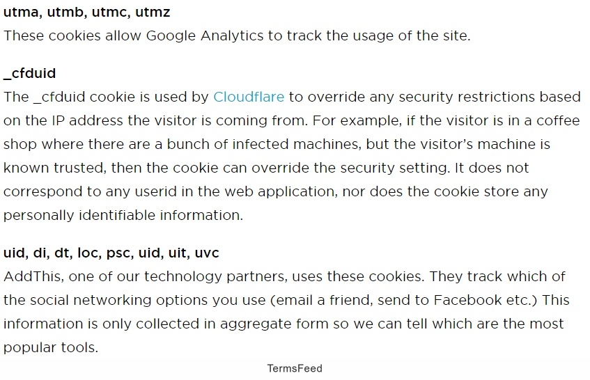 GSMA legal: Cookies types and descriptions clauses