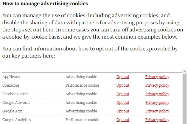 The Guardian Cookies Policy: Third Party Advertising cookies list with options to manage cookies