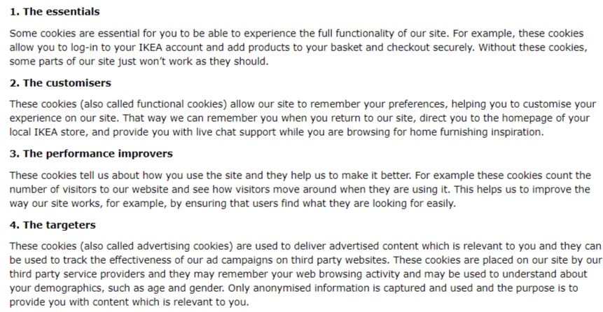 IKEA Privacy Policy: Types of cookies clauses