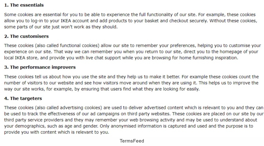 IKEA Privacy Policy: Types of cookies clauses