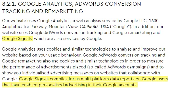 Lillydoo Privacy Policy: Google Analytics tracking and remarketing clause with Signals sections highlighted