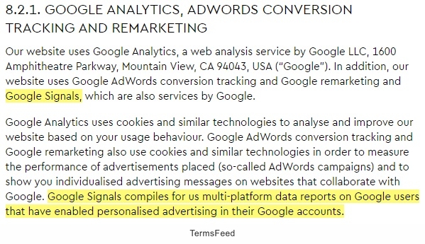 Lillydoo Privacy Policy: Google Analytics tracking and remarketing clause with Signals sections highlighted