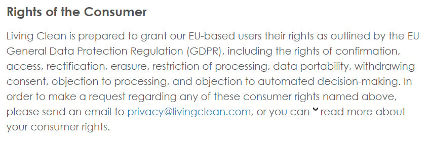 Living Clean Privacy Policy: Rights of the Consumer GDPR clause