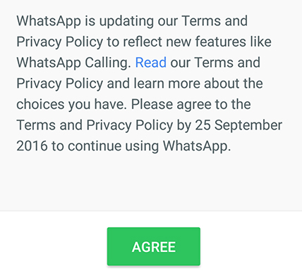WhatsApp notification about updated Terms and Privacy Policy with Agree button