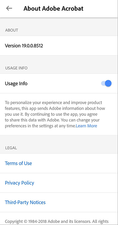 Adobe Acrobat Android app About screen