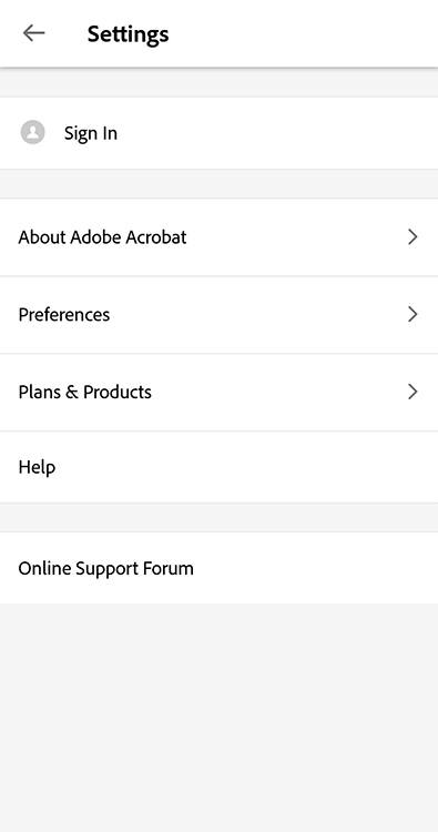 Adobe Acrobat Android app Settings screen