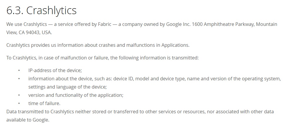 allabio Privacy Policy: Crashlytics clause excerpt