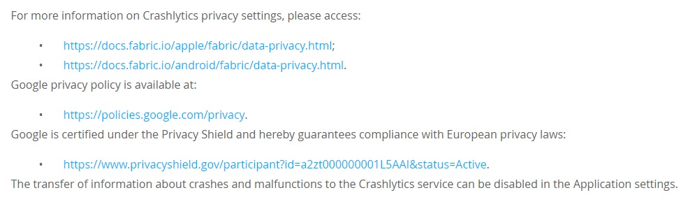Callabio Privacy Policy: Crashlytics clause - Settings and Google Privacy Policy excerpt