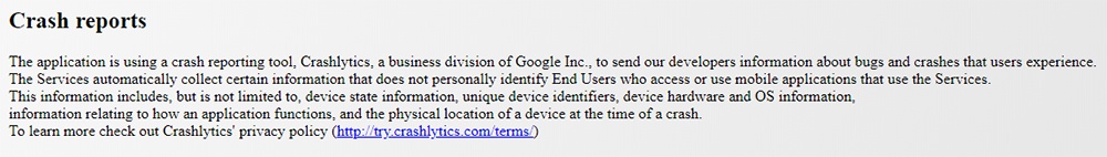 DBDSoft Privacy Policy: Crash reports clause about Crashlytics