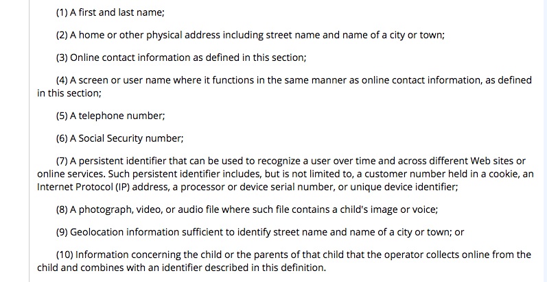 e-CFR: Screenshot of definition of personal information section of COPPA