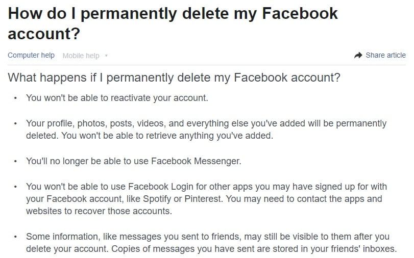 Facebook Help Center: Section about how to permanently delete a Facebook account