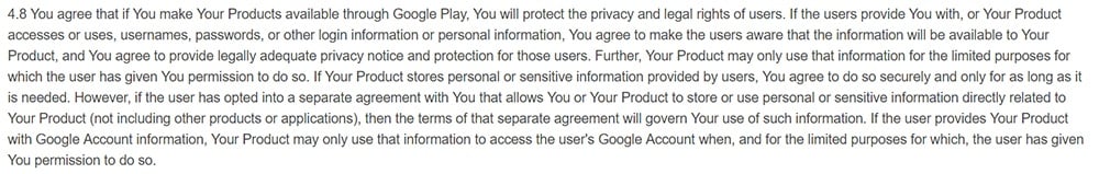 Google Developer Distribution Agreement: Clause addressing privacy protection