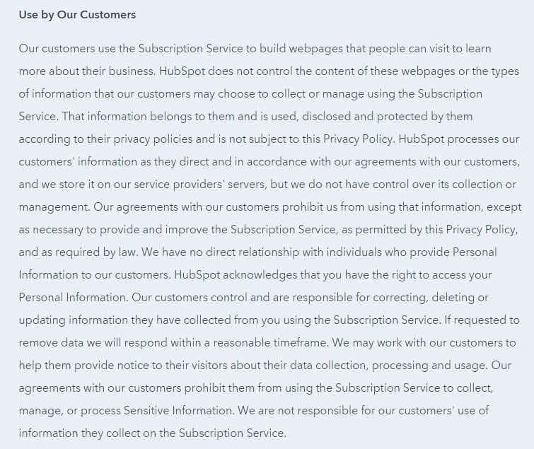 HubSpot Privacy Policy: Use by our customers clause excerpt