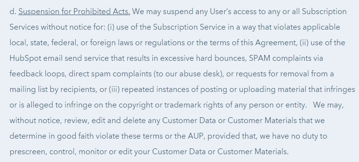 HubSpot Terms of Service: Suspension for Prohibited Acts clause