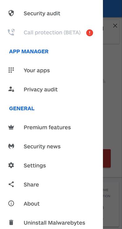 Screenshot of Malwarebytes app sidebar menu