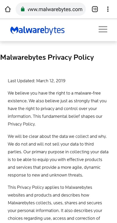 Malwarebytes mobile Privacy Policy: Screenshot of intro