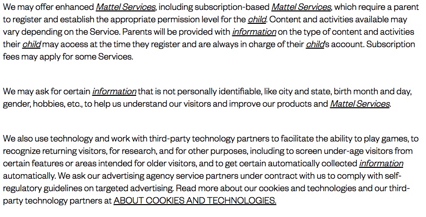 Mattel Children&#039;s Privacy Statement: Enhanced services and third-party partners clause